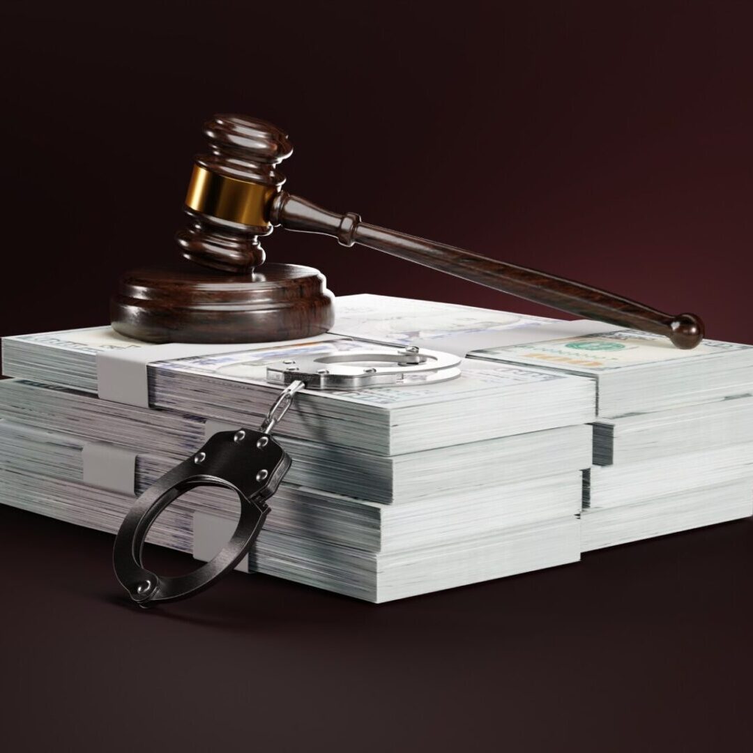 Gavel, handcuffs, and cash on table.